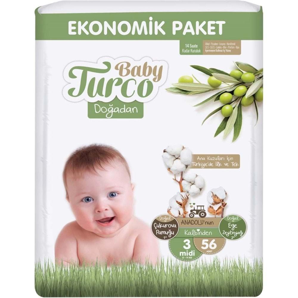 Baby Turco Bebek Bezi Doğadan Beden:3 (5-9KG) Midi 56 Adet Ekonomik Pk