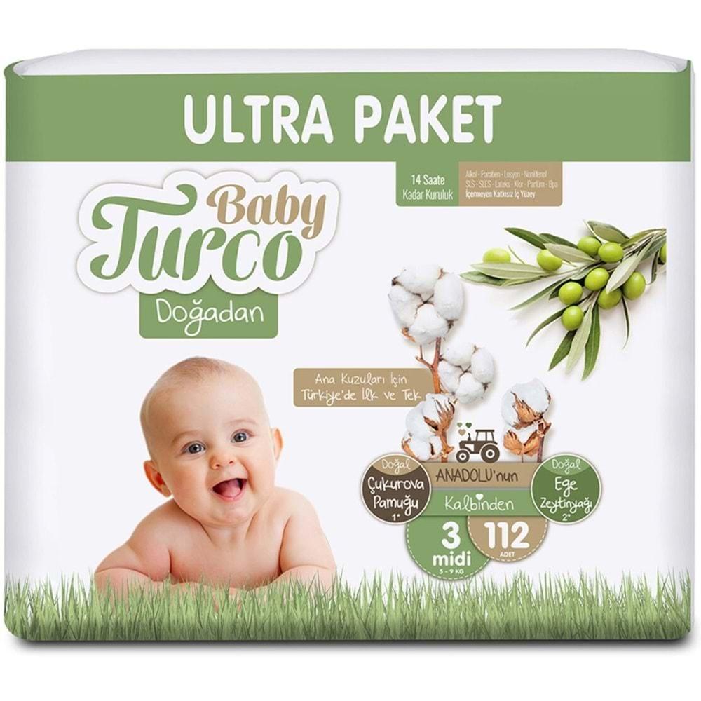 Baby Turco Bebek Bezi Doğadan Beden:3 (5-9KG) Midi 112 Adet Ultra Pk