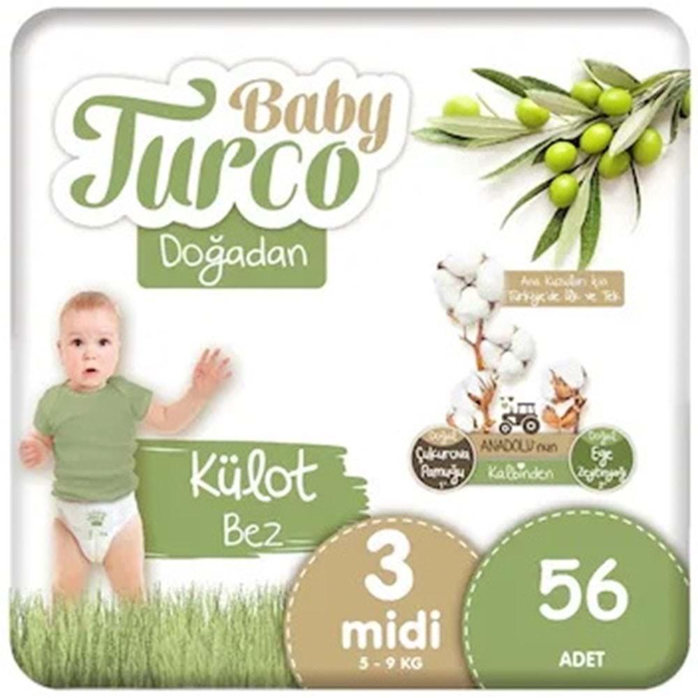 Baby Turco Külot Bebek Bezi Doğadan Beden:3 (5-9KG) Midi 56 Adet Ekonomik Pk