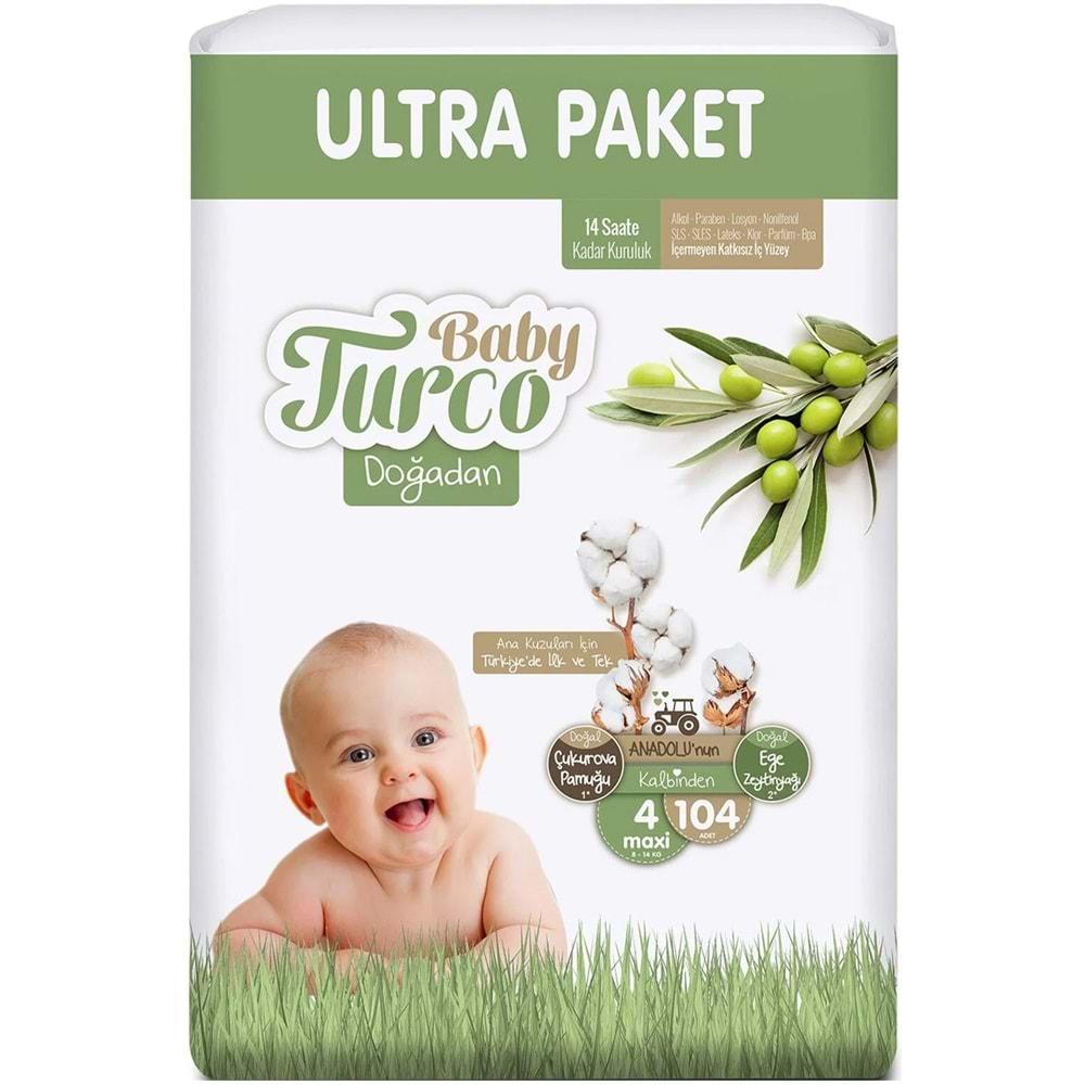 Baby Turco Bebek Bezi Doğadan Beden:4 (8-14KG) Maxi 104 Adet Ultra Pk