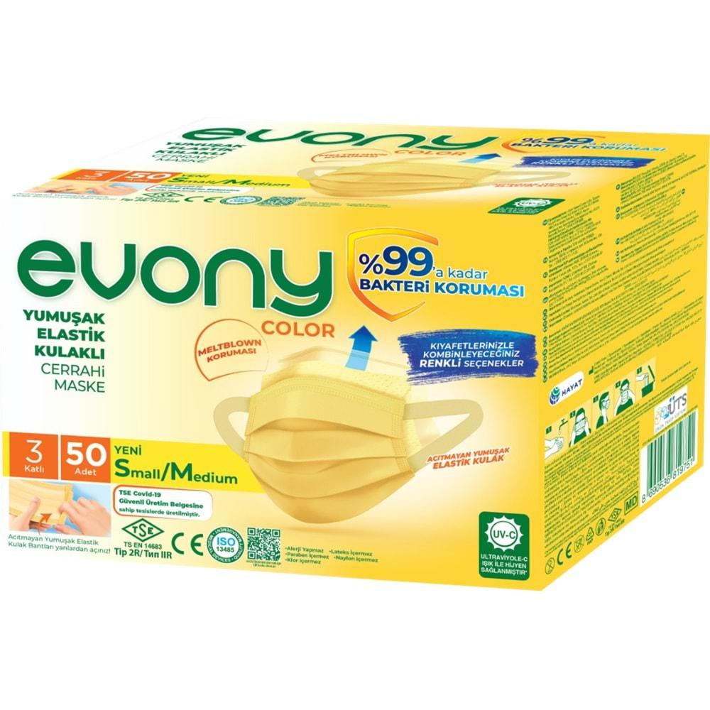 Evony 3 Katlı Filtreli Burun Telli Cerrahi Maske 50 Li Paket Small/Medium Sarı 160*90MM
