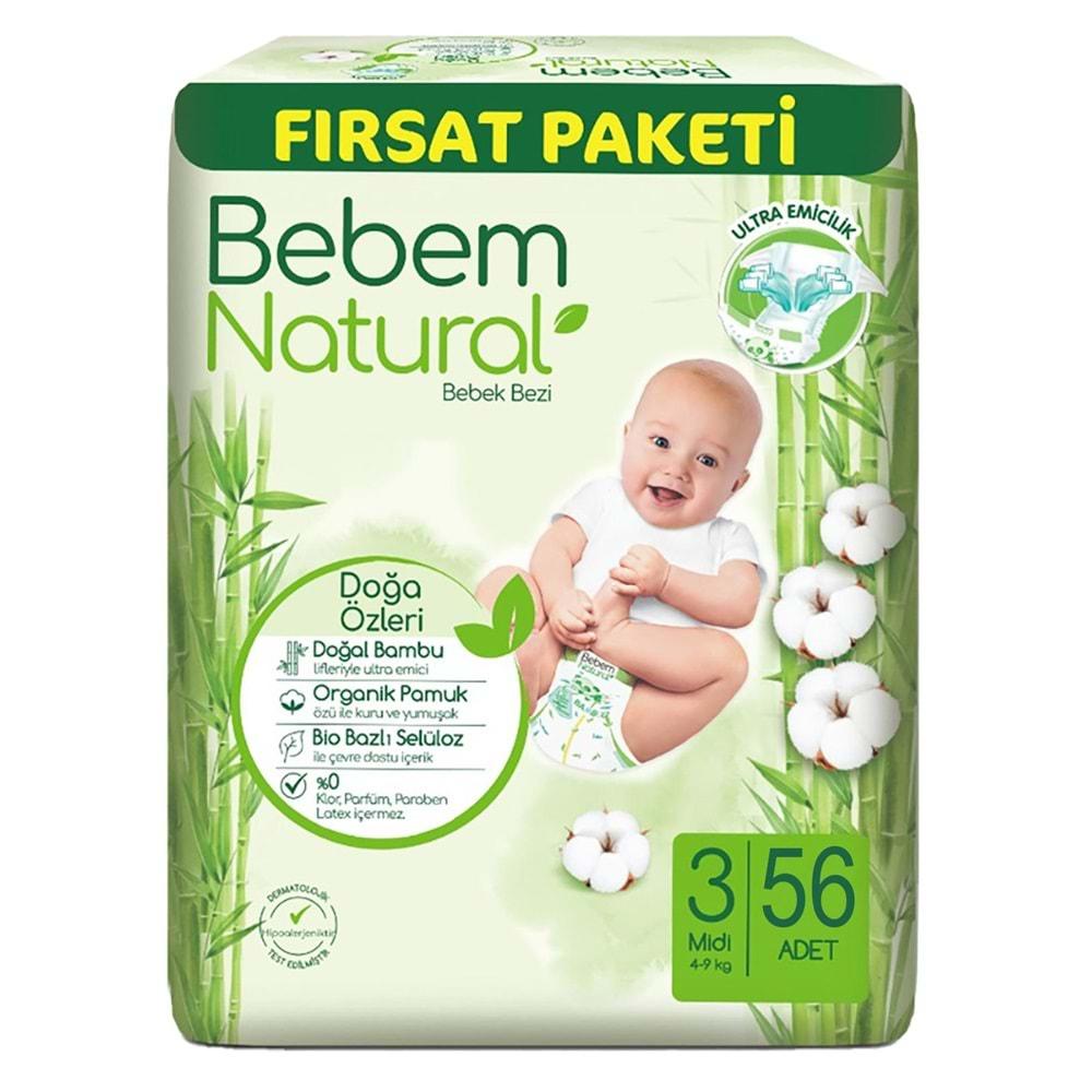 Bebem Bebek Bezi Natural Beden:3 (4-9Kg) Midi 56 Adet Fırsat Pk