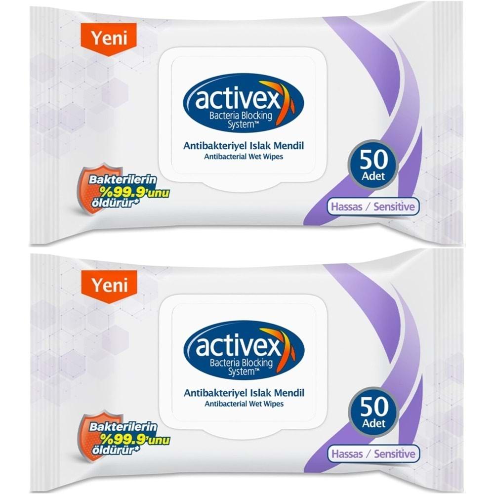 Activex Antibakteriyel Islak Havlu Mendil Hassas 50 Yaprak 2 Li Set (100 Yaprak) Plastik Kapaklı