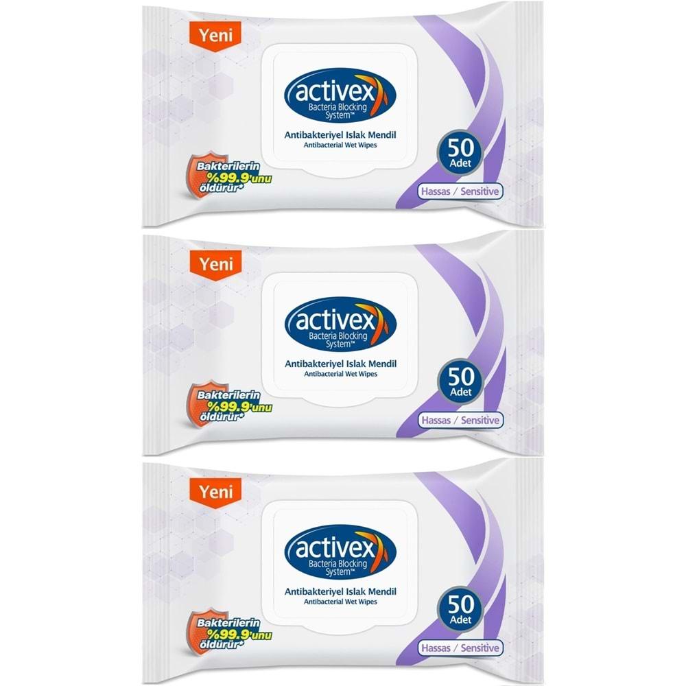 Activex Antibakteriyel Islak Havlu Mendil Hassas 50 Yaprak 3 Lü Set (150 Yaprak) Plastik Kapaklı