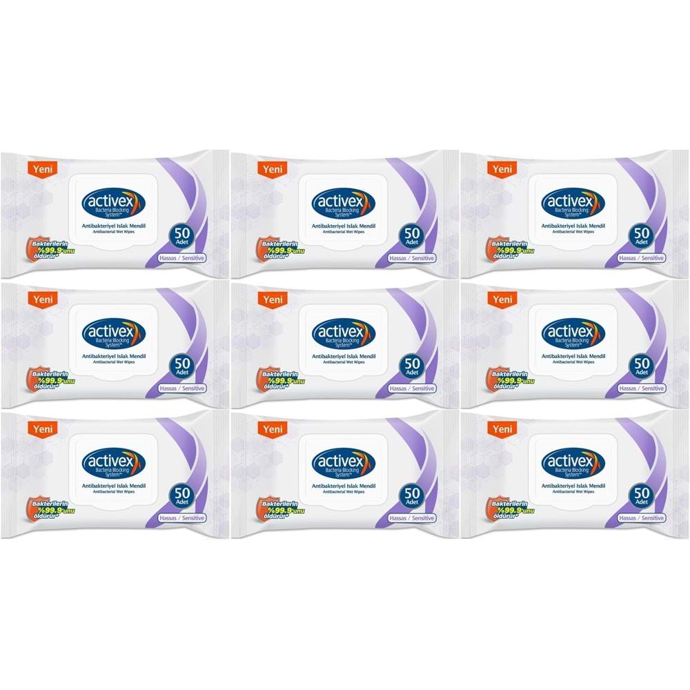 Activex Antibakteriyel Islak Havlu Mendil Hassas 50 Yaprak 9 Lu Set (450 Yaprak) Plastik Kapaklı