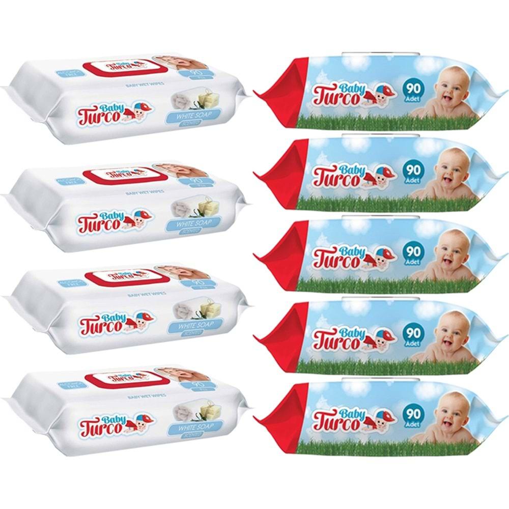 Baby Turco Islak Havlu Mendil 90 Yaprak Plastik Kapaklı Karma 9 Lu Set (Klasik-Beyaz Sabun)
