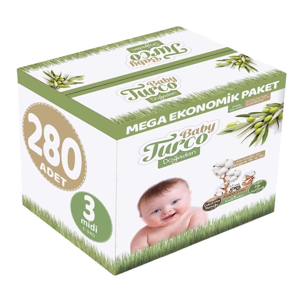 Baby Turco Bebek Bezi Doğadan Beden:3 (5-9KG) Midi 280 Adet Mega Ekonomik Pk