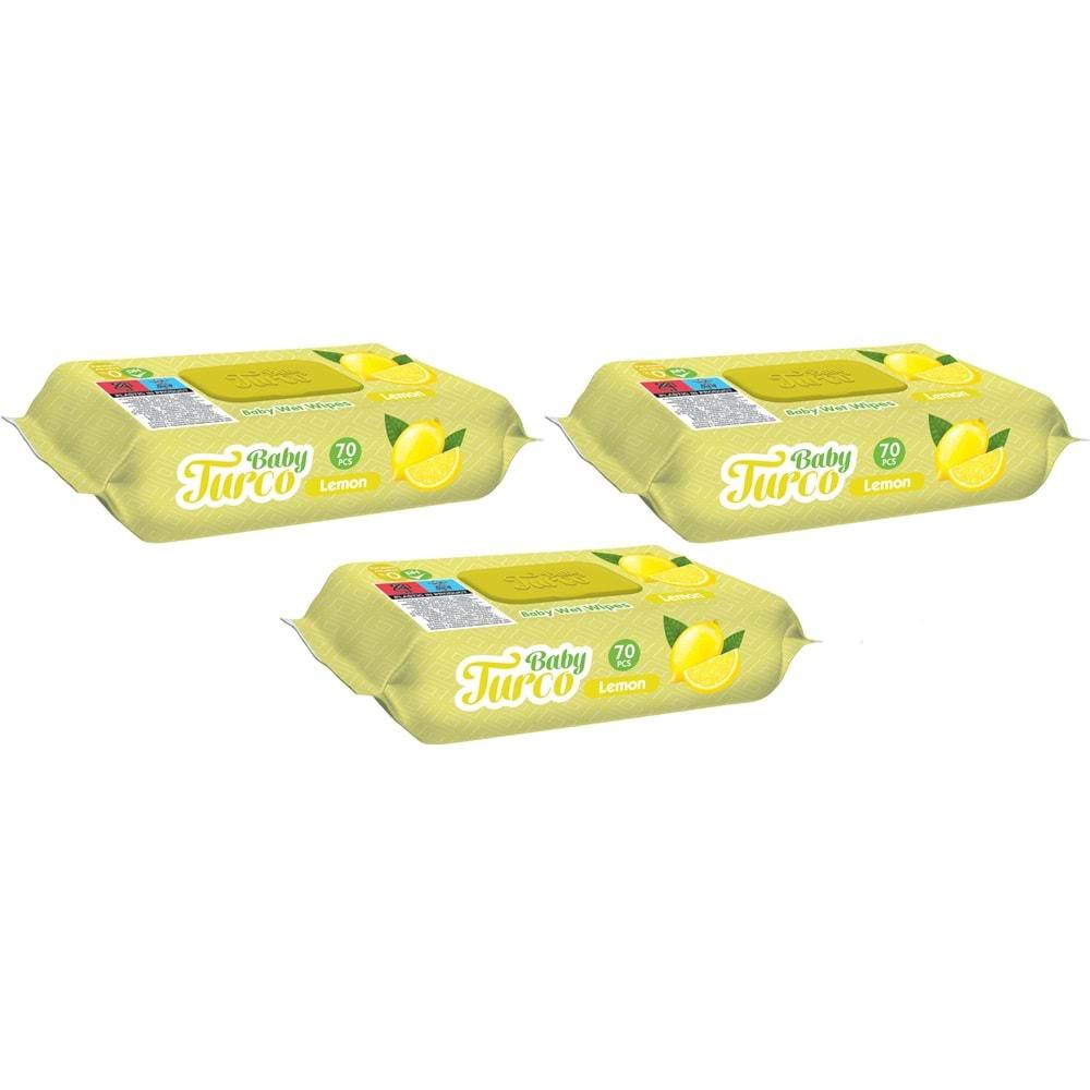 Baby Turco Islak Havlu Mendil 70 Yaprak Limon 3 Lü Set Plastik Kapaklı (210 Yaprak)