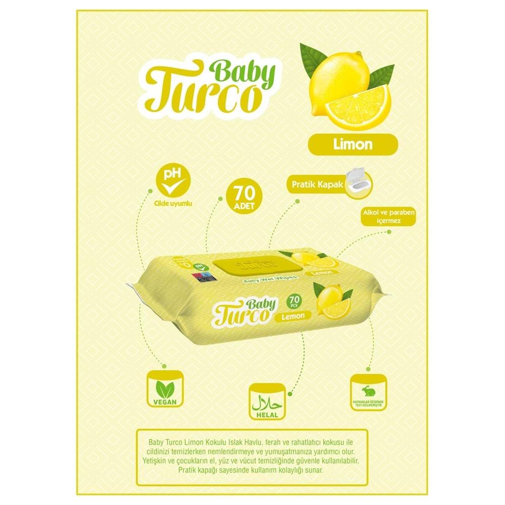 Baby Turco Islak Havlu Mendil 70 Yaprak Limon 48 Li Set Plastik Kapaklı (3360 Yaprak)