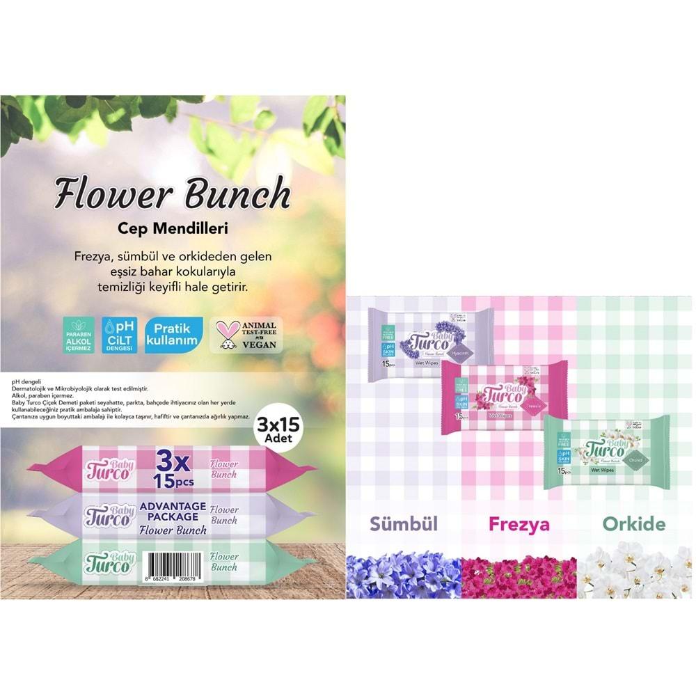 Baby Turco Islak Havlu Cep Mendil 15 Yaprak (6 Lı Set) Çiçek Demeti/Flower Bunch (6PK*15) 90 Yaprak