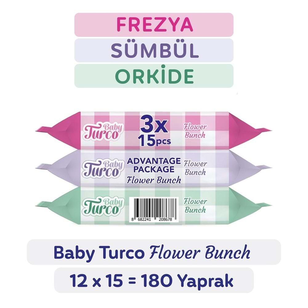 Baby Turco Islak Havlu Cep Mendil 15 Yaprak (24 Lü Set) Çiçek Demeti/Flower Bunch (24PK*15) 360 Yprk