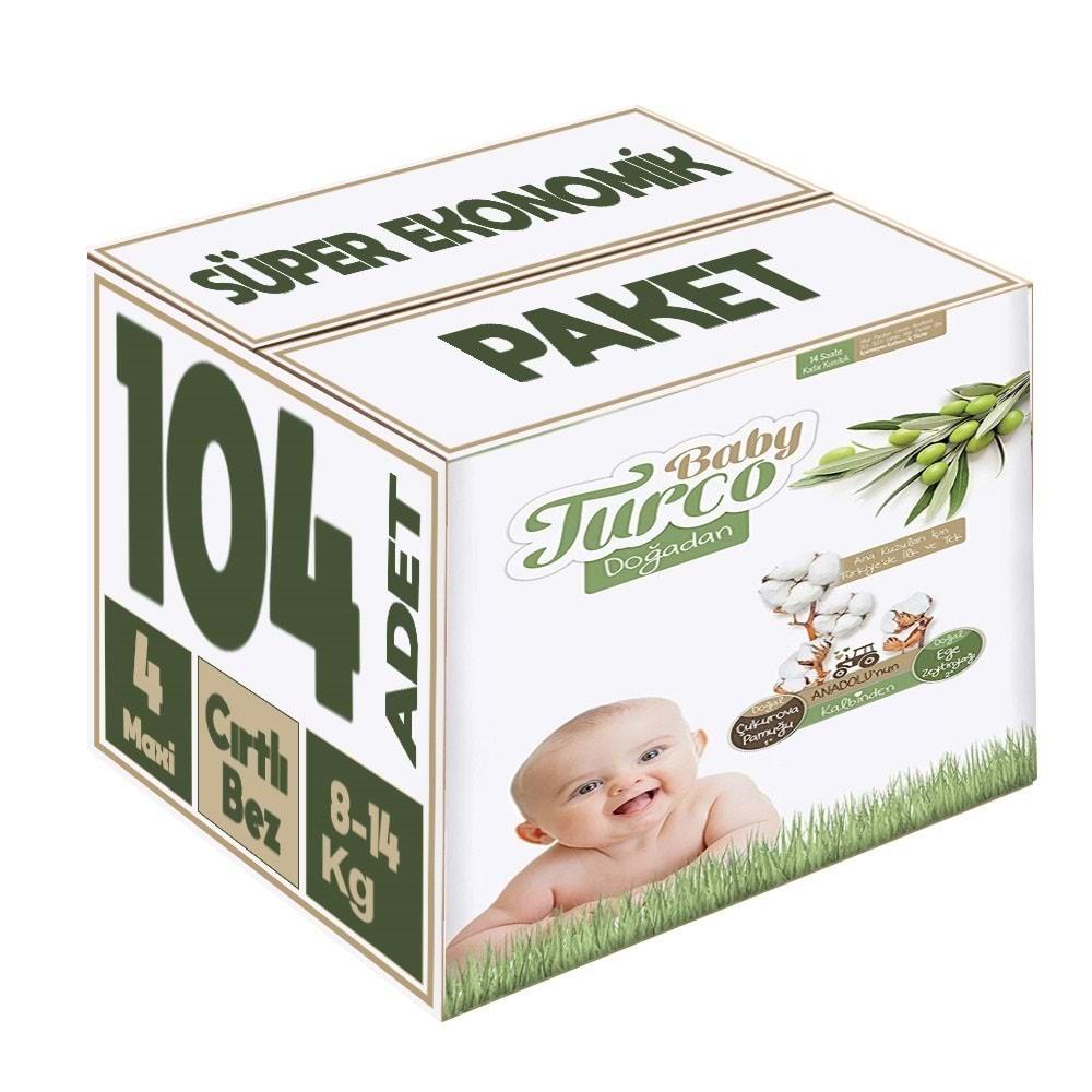 Baby Turco Bebek Bezi Doğadan Beden:4 (8-14KG) Maxi 104 Adet Süper Ekonomik Pk
