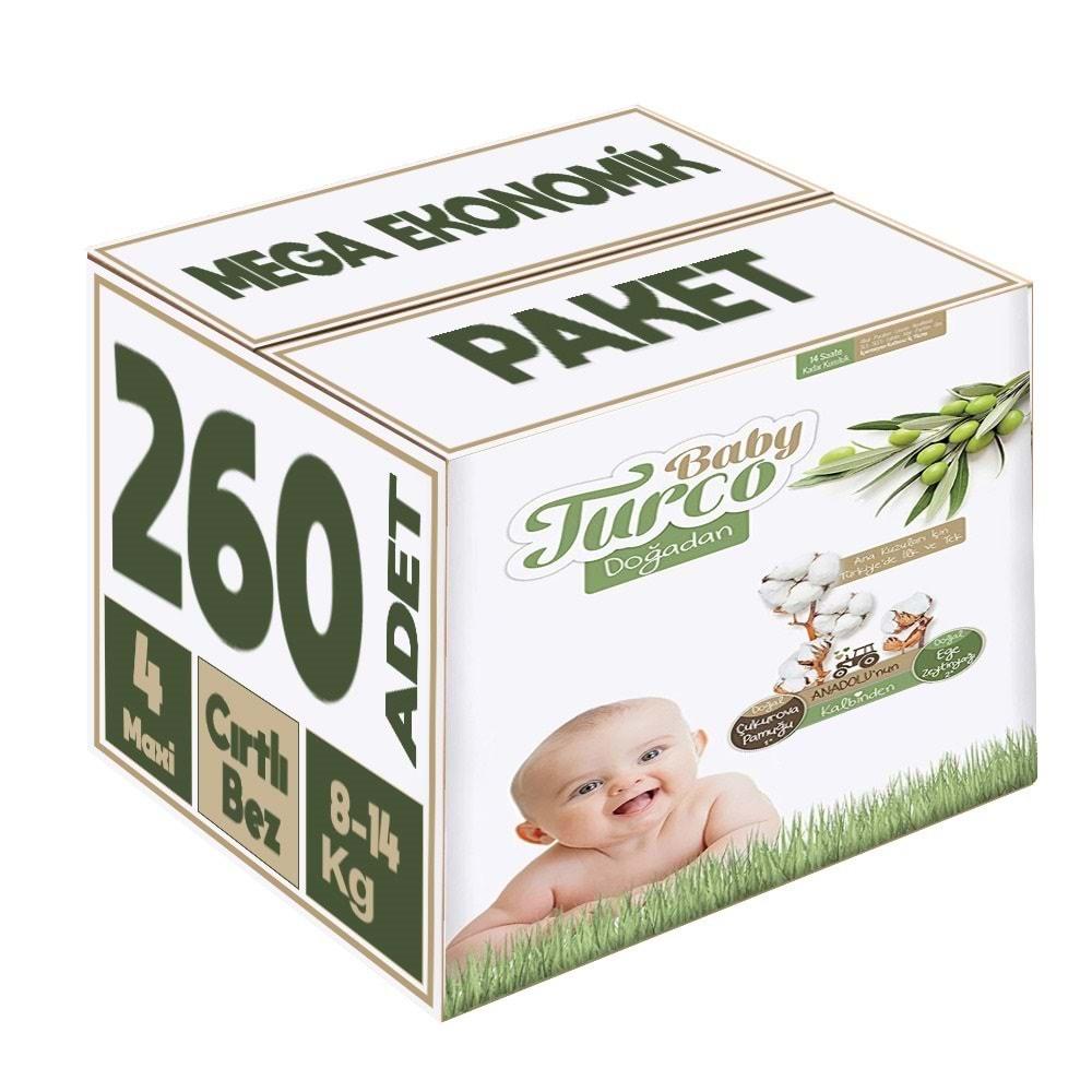 Baby Turco Bebek Bezi Doğadan Beden:4 (8-14KG) Maxi 260 Adet Mega Ekonomik Pk