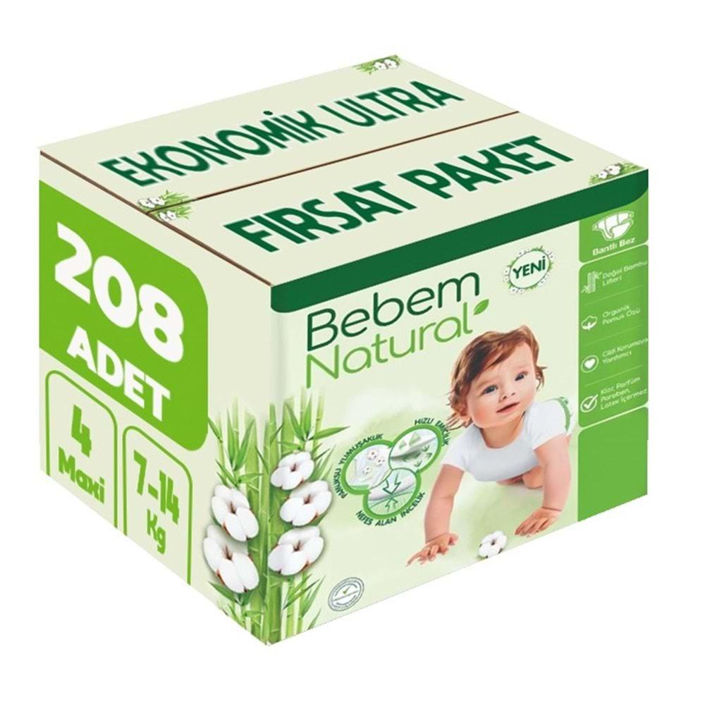 Bebem Bebek Bezi Natural Beden:4 (7-14KG) Maxi 208 Adet Ekonomik Ultra Fırsat Pk