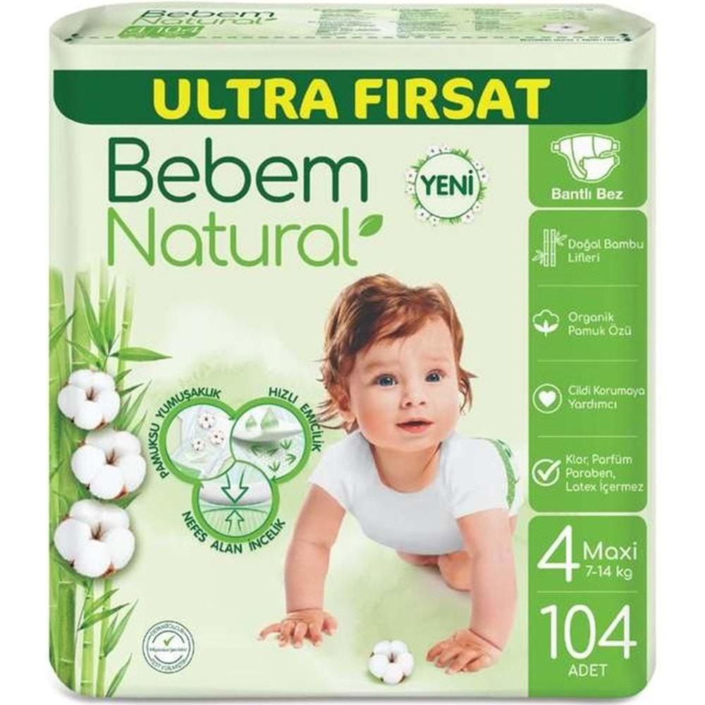 Bebem Bebek Bezi Natural Beden:4 (7-14KG) Maxi 312 Adet Aylık Ultra Fırsat Pk