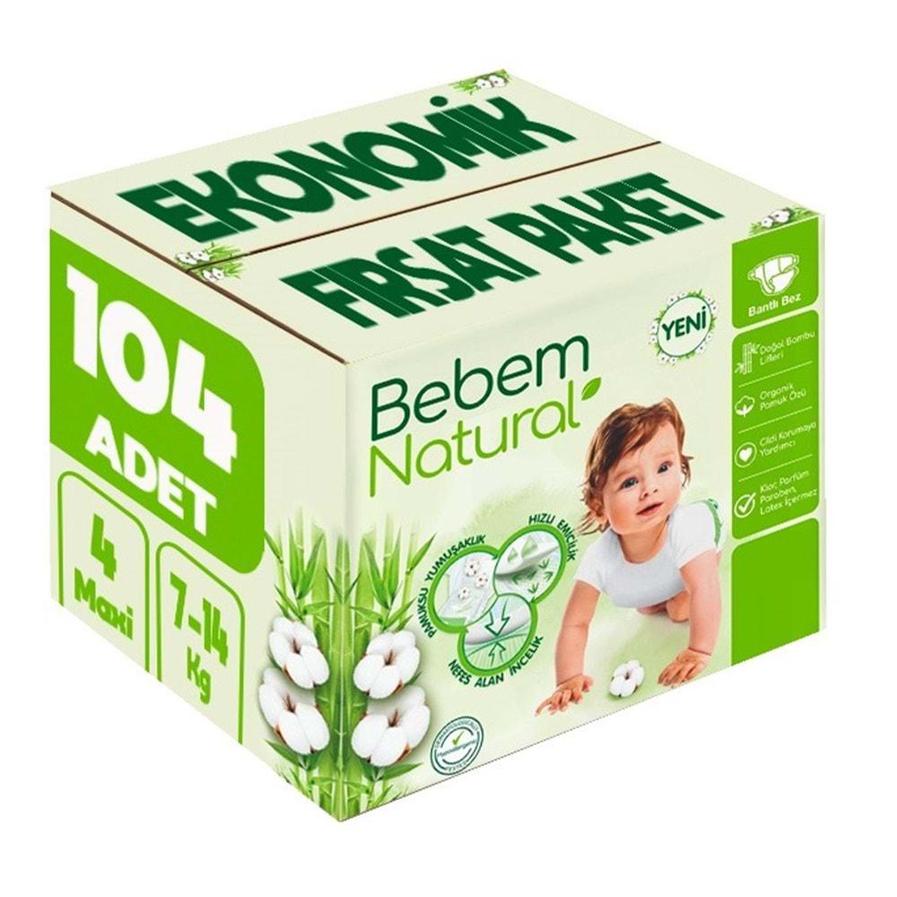 Bebem Bebek Bezi Natural Beden:4 (7-14Kg) Maxi 104 Adet Ekonomik Fırsat Pk