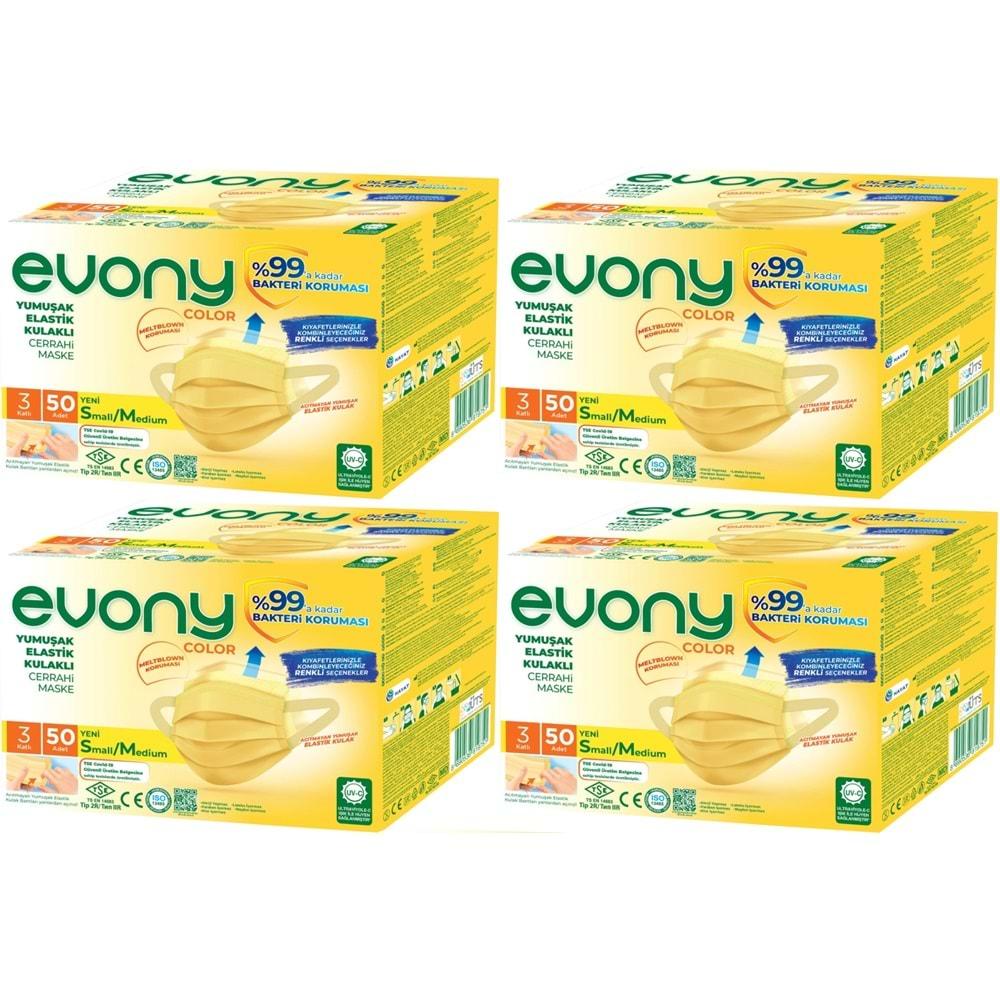 Evony 3 Katlı Filtreli Burun Telli Cerrahi Maske 200 Lü Set Small/Medium Sarı 160*90MM (4PK*50)