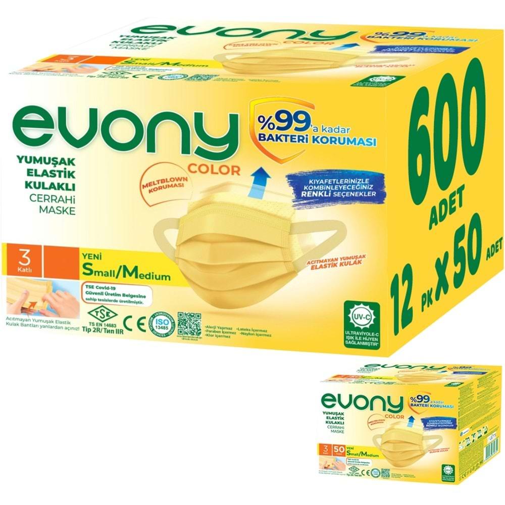 Evony 3 Katlı Filtreli Burun Telli Cerrahi Maske 600 Lü Set Small/Medium Sarı 160*90MM (12PK*50)