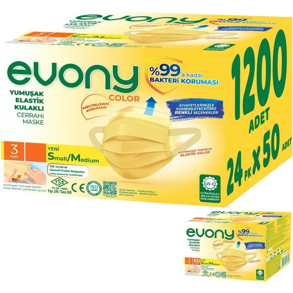 Evony 3 Katlı Filtreli Burun Telli Cerrahi Maske 1200 Lü Set Small/Medium Sarı 160*90MM (24PK*50)