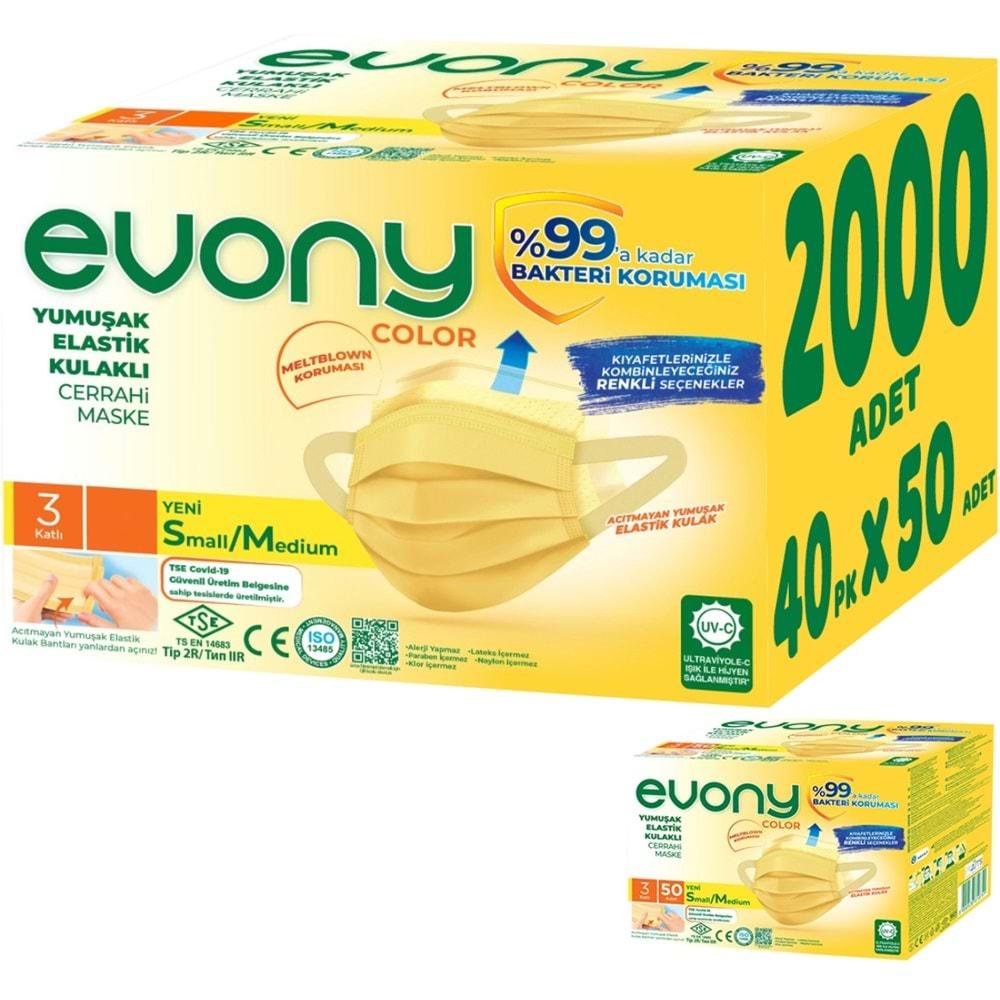 Evony 3 Katlı Filtreli Burun Telli Cerrahi Maske 2000 Li Set Small/Medium Sarı 160*90MM (40PK*50)