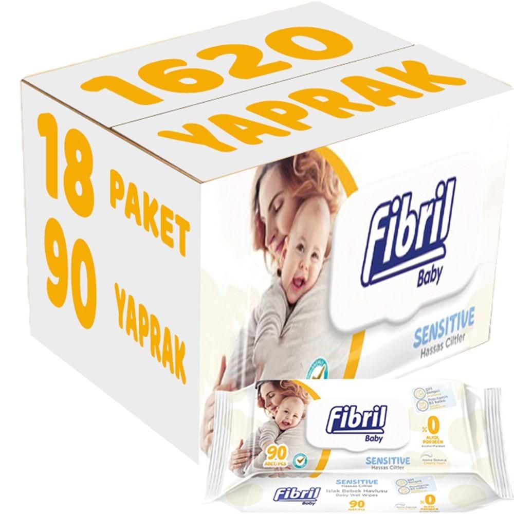 Fibril Islak Havlu Mendil 90 Yaprak Baby Sensitive Plastik Kapaklı (18 Li Set) 1620 Yaprak