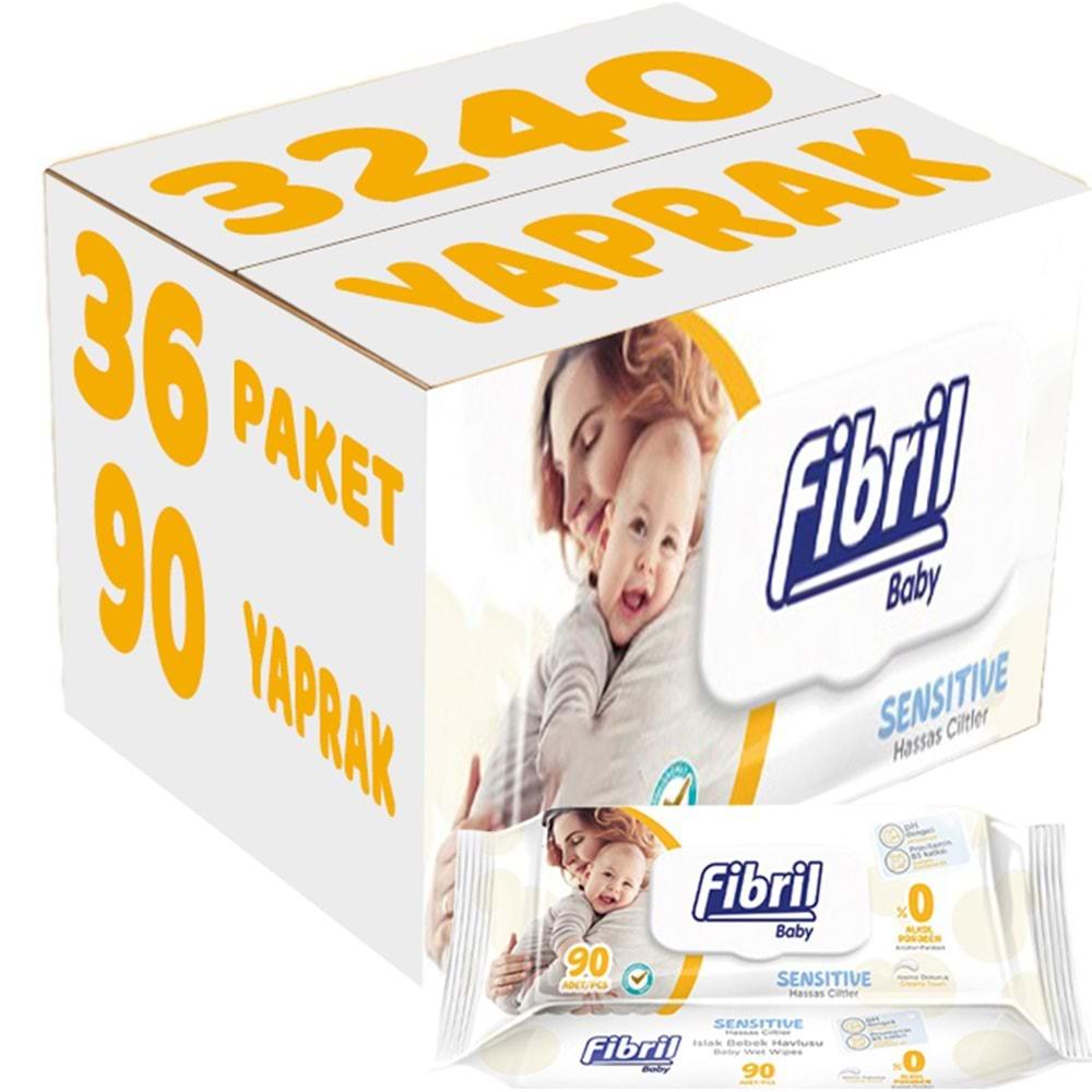 Fibril Islak Havlu Mendil 90 Yaprak Baby Sensitive Plastik Kapaklı (36 Lı Set) 3240 Yaprak