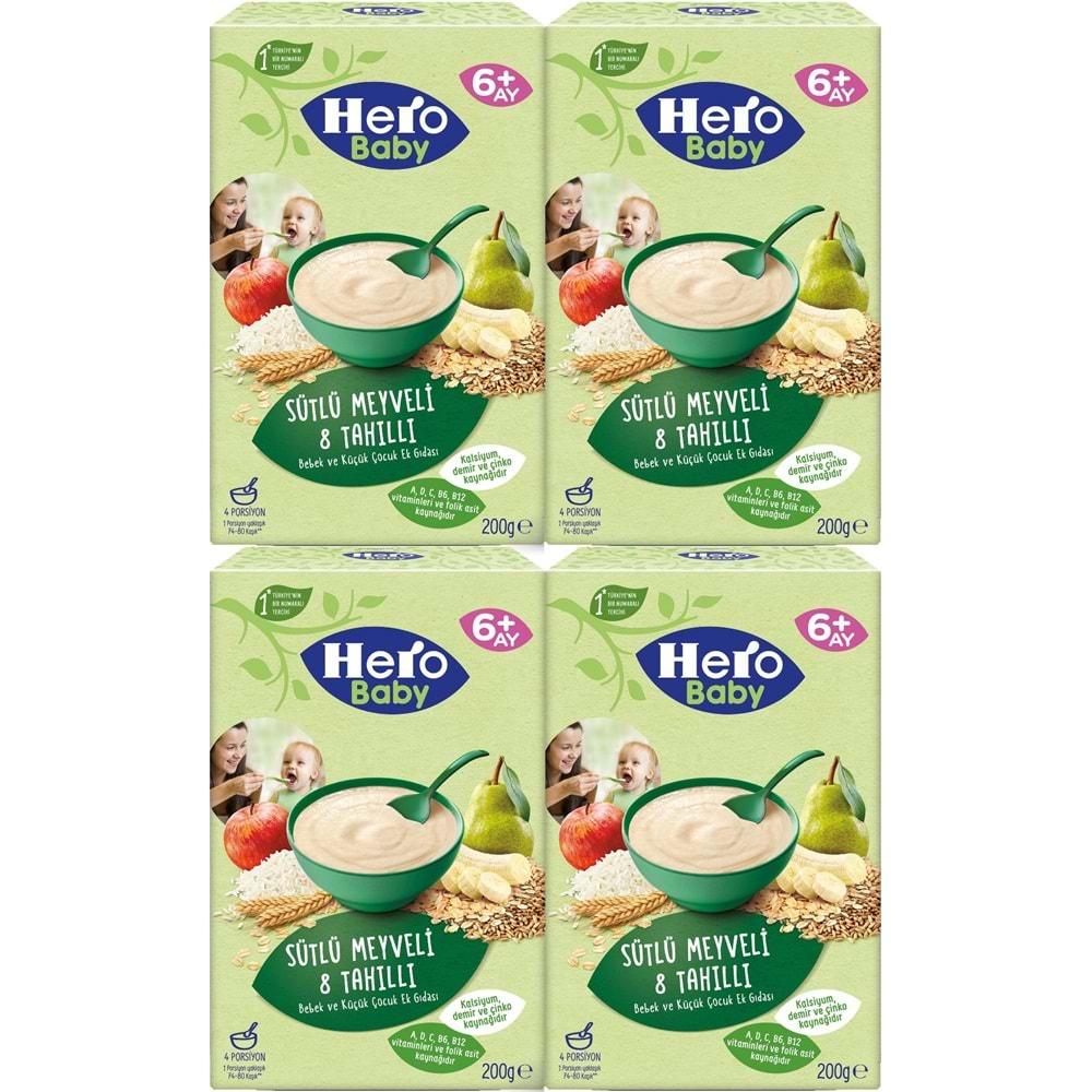 Hero Baby Kaşık Maması 200GR Sütlü Meyveli 8 Tahıllı 4 Lü Set