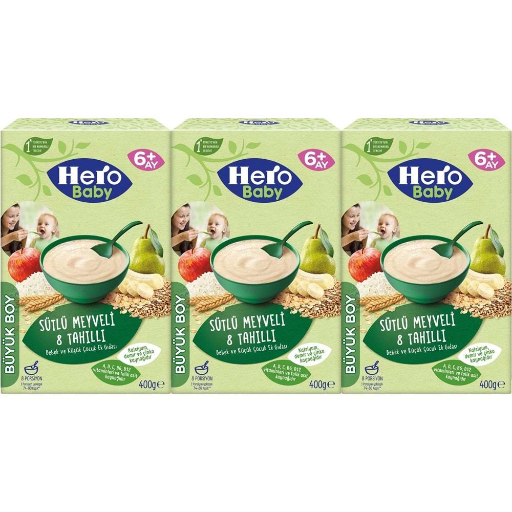 Hero Baby Kaşık Maması 400GR Sütlü Meyveli 8 Tahıllı 3 Lü Set