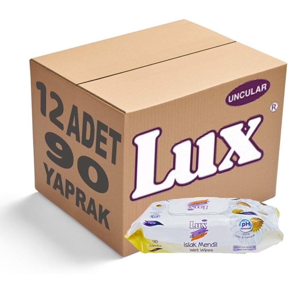 Lux Islak Havlu Mendil 90 Yaprak Papatya (12 Li Set) Plastik Kapaklı