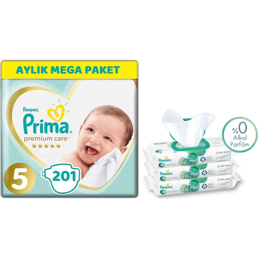 Prima Premium Care Bebek Bezi Beden:5 (11-16Kg) Junior 201 Adet Aylık Mega Pk + 3 Adet Mendil