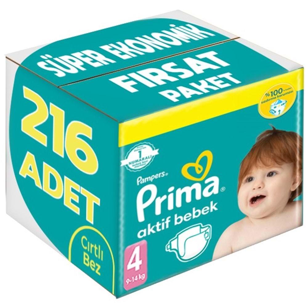 Prima Bebek Bezi Beden:4 (9-14Kg) Maxi 216 Adet Süper Ekonomik Fırsat Pk