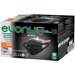 Evony 3 Katlı Filtreli Burun Telli Cerrahi Maske 50 Li Paket Siyah/Black (Yumuşak Elastik Kulaklı)