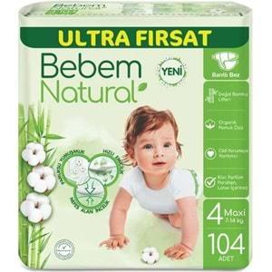 Bebem Bebek Bezi Natural Beden:4 (7-14KG) Maxi 104 Adet Ultra Fırsat Pk