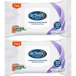 Activex Antibakteriyel Islak Havlu Mendil Hassas 50 Yaprak 2 Li Set (100 Yaprak) Plastik Kapaklı