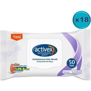 Activex Antibakteriyel Islak Havlu Mendil Hassas 50 Yaprak 18 Li Set (900 Yaprak) Plastik Kapaklı