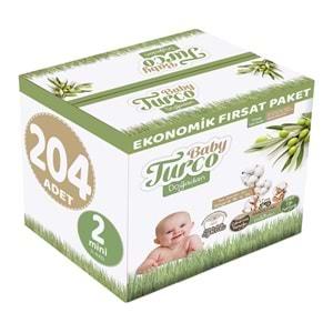 Baby Turco Bebek Bezi Doğadan Beden:2 (3-6KG) Mini 204 Adet Ekonomik Fırsat Pk