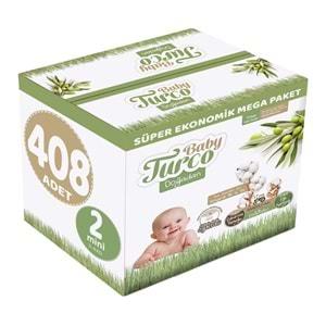 Baby Turco Bebek Bezi Doğadan Beden:2 (3-6KG) Mini 408 Adet Süper Ekonomik Mega Pk