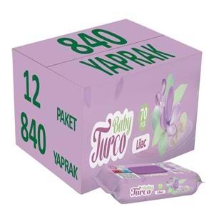 Baby Turco Islak Havlu Mendil 70 Yaprak Leylak 12 Li Set Plastik Kapaklı (840 Yaprak)