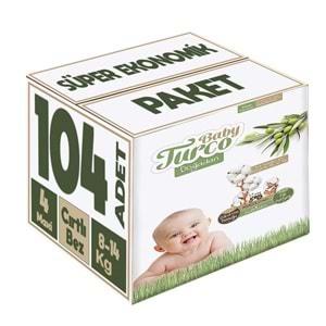 Baby Turco Bebek Bezi Doğadan Beden:4 (8-14KG) Maxi 104 Adet Süper Ekonomik Pk