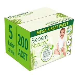 Bebem Bebek Bezi Natural Beden:5 (11-18Kg) Junior 200 Adet Mega Fırsat Pk