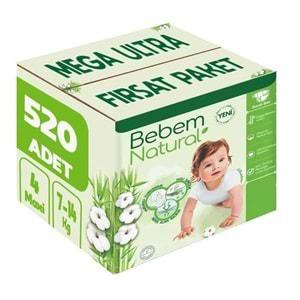 Bebem Bebek Bezi Natural Beden:4 (7-14KG) Maxi 520 Adet Mega Ultra Fırsat Pk