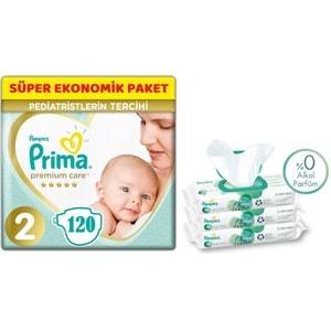 Prima Premium Care Bebek Bezi Beden:2 (4-8Kg) Mini 120 Adet + 3 Lü Mendil Süper Ekonomik Pk