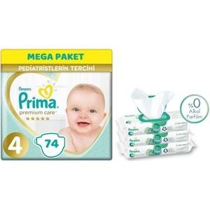 Prima Premium Care Bebek Bezi Beden:4 (9-14Kg) Maxi 74 Adet Mega Pk + 3 Adet Mendil