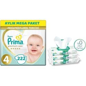 Prima Premium Care Bebek Bezi Beden:4 (9-14Kg) Maxi 222 Adet Aylık Mega Pk + 3 Adet Mendil