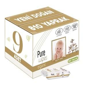 Pure Baby Islak Havlu Mendil 90 Yaprak Yenidoğan Organic Pamuklu (9 Lu Set) 810 Yaprak Plstk Kapak