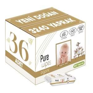 Pure Baby Islak Havlu Mendil 90 Yaprak Yenidoğan Organic Pamuklu (36 Lı Set) 3240 Yaprak Plstk Kapak