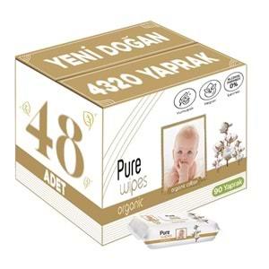 Pure Baby Islak Havlu Mendil 90 Yaprak Yenidoğan Organic Pamuklu (48 Li Set) 4320 Yaprak Plstk Kapak