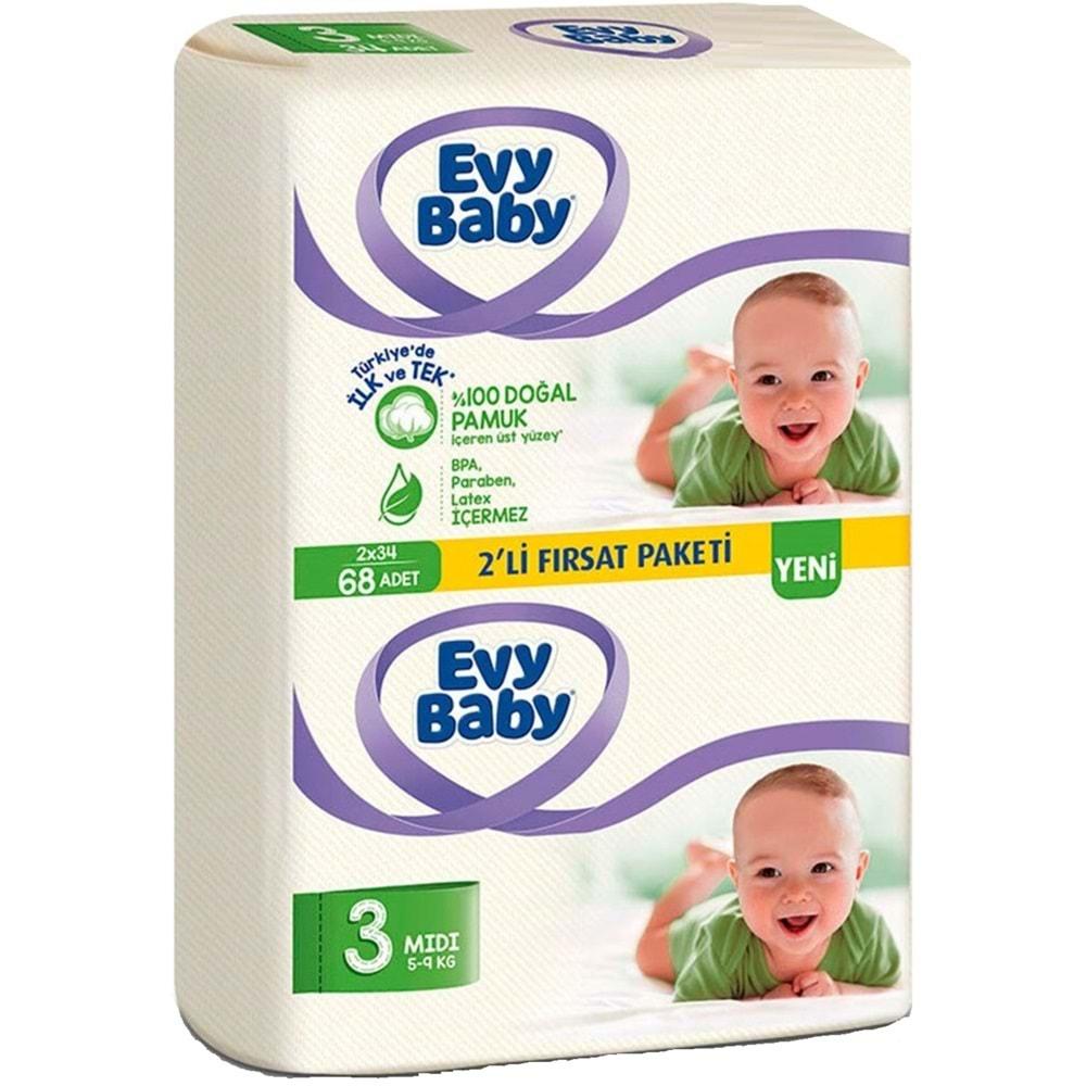 Evy Baby Bebek Bezi Beden:3 (5-9Kg) Midi 68 Adet (2 Li Fırsat Pk Serisi)