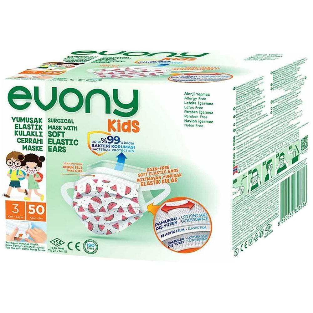 Evony 3 Katlı Filtreli Burun Telli Cerrahi Maske (Kids Çoçuklar İçin) 50 Li Paket (Desenli)