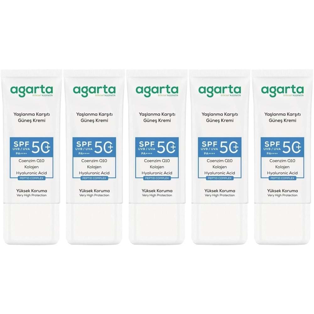 Agarta Yaşlanma Karşıtı Collagen Destekli Spf+50 Faktör Yüz Güneş Kremi 50 ML (5 Li Set)